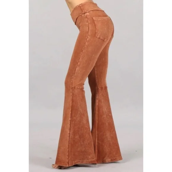 SOLD OUT Sugar Almond Mineral Wash French Terry Flared Bell Bottom Pull On Pants - Picture 1 of 5